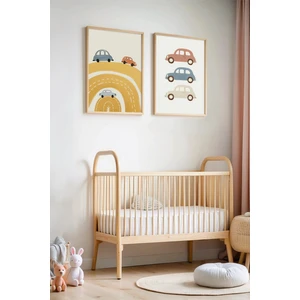 Neşeli Arabalar ve Yollar - Doğal Ahşap Çerçeveli Çocuk Odası ve Bebek Odası Tablosu