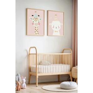 Parti Zürafası ve Sevimli Kuzu - Doğal Ahşap Çerçeveli Çocuk Odası ve Bebek Odası Tablosu