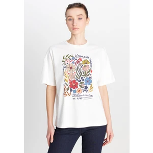 Loose Fit Rahat Kesim Bisiklet Yaka %100 Pamuk Kırık Beyaz Tişört