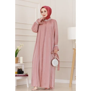 Simli Taşlı Abiye Elbise-Pembe