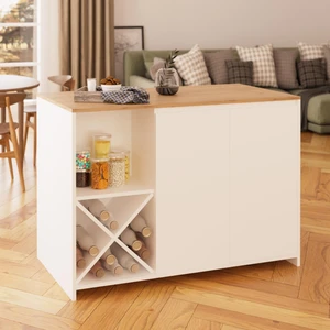 Vino L5110 Mutfak Adası 127  cm  Sepet Ahşap Üst Beyaz Alt Şaraplık Depolamalı Oturmalı Çok Amaçlı Masa