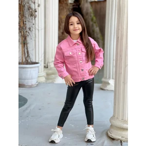 Yağmurun Butiği Pembe Renk Kelebek Nakış İşlemeli Düğme Detaylı Kız Çocuk Kot Ceket