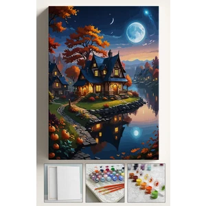 Sayılarla Boyama Çerçeveli Hobi Seti Numaralı Tuval Fırça Boya Dahil Kasnaklı 40X50 cm Ay Işığı Göl