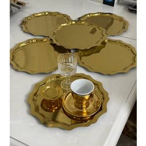 6 Adet Gold Yuvarlak Dalgalı Model Servis ve Sunum Tepsisi
