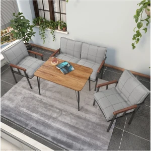 Modern Serisi Modern Balkon, Bahçe, Cafe - Metal Kanepe Koltuk Takımı 2+1+1 - 60 x 90 Masalı - Açık Gri