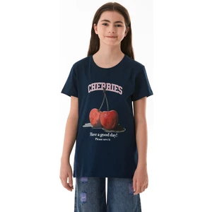 %100 Pamuk Kiraz Baskılı Bisiklet Yaka Kız Çocuk Tişört