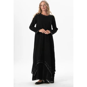 Uzun Kol Şile Bezi Lerzan Oval Yaka Nakışlı Yazlık Elbise Siyah Syh