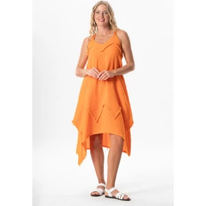 Askılı V Yaka Leyla Asimetrik Kesim Midi Boy Müslin Yazlık Elbise Turuncu Trnc