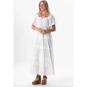 Kısa Kol Vual Leman Kare Yaka Uzun Yazlık Elbise Beyaz Byz