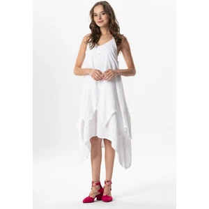 Askılı V Yaka Leyla Asimetrik Kesim Midi Boy Müslin Yazlık Elbise Beyaz Byz