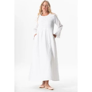 Uzun Kol Şahika Nervür Detaylı Uzun Müslin Yazlık Elbise Beyaz Byz