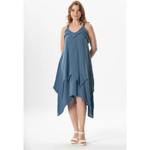 Askılı V Yaka Leyla Asimetrik Kesim Midi Boy Müslin Yazlık Elbise Indigo Indg