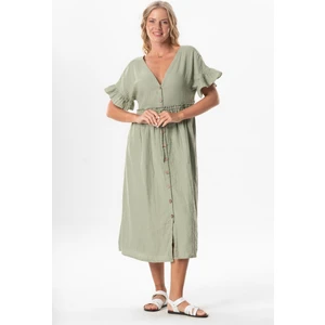 Kısa Kol Büzgülü Afra Midi Boy Yazlık Müslin Elbise Zeytin Yeşili Zytnysl