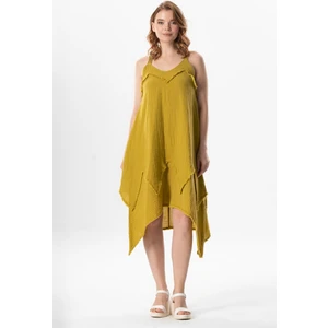 Askılı V Yaka Leyla Asimetrik Kesim Midi Boy Müslin Yazlık Elbise Yağ Yeşili Ygysl