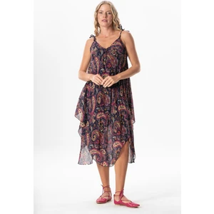 Askılı Vual Afrodit Midi Boy Yazlık Elbise Şal Lacivert 6215