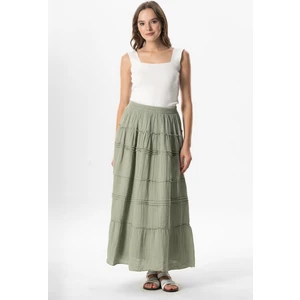Benan Beli Lastikli Uzun Yazlık Müslin Etek Zeytin Yeşili Zytnysl