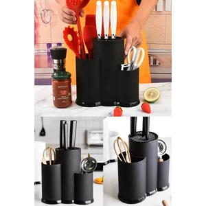 3 Bölmeli Tezgah Üstü Kaşıklık, Bıçak Standı, Siyah