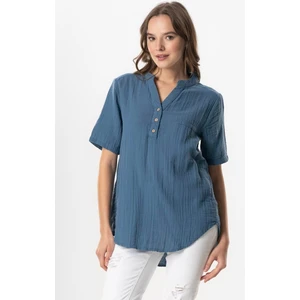 Eliş Şile Bezi Kısa Kol Gülgün V Yaka Müslin Yazlık Bluz Vizon Vzn