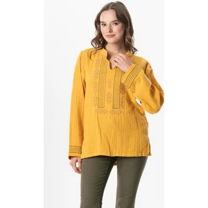 Eliş Şile Bezi Uzun Kol Ibiza Nakışlı Kadın Müslin Yazlık Tshirt Hardal Hrd