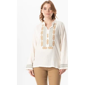 Eliş Şile Bezi Uzun Kol Ibiza Nakışlı Kadın Müslin Yazlık Tshirt Hardal Hrd