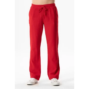 Müslin Beli Lastikli Çift Cepli Erkek Yazlık Pantolon Kırmızı Krmz