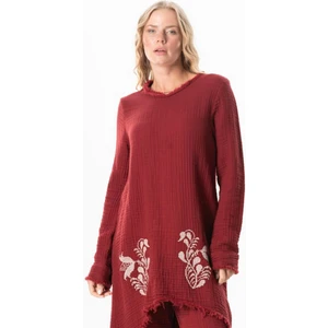 Uzun Kol Filiz V Yaka Sonbahar ve Kışlık Asimetrik Kesim Nakışlı Double Müslin Tunik Bordo Brd