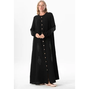 Uzun Kol Laçin Baskılı Müslin Mevsimlik Ferace Siyah Syh