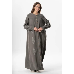 Uzun Kol Laçin Baskılı Müslin Mevsimlik Ferace Gri Gri