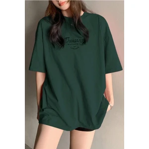 Kadın Nefti Yeşili Bisiklet Yaka Thousand Baskılı Oversize T-Shirt