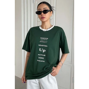 Kadın Yeşil Yaka Beyaz Positive Oversize T-Shirt Shoulder Tee
