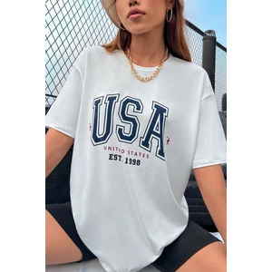 Kadın Beyaz Usa United Baskılı Oversize T-Shirt