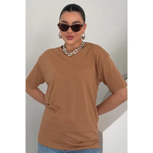 Kadın Camel Bisiklet Yaka Düz T-Shirt