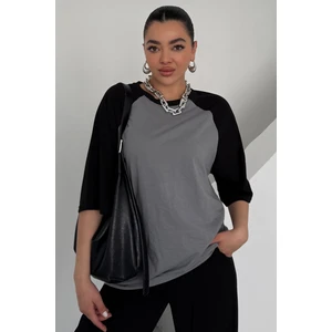 Kadın Antrasit Siyah Reglan Kol Bisiklet Yaka Düz Oversize T-Shirt