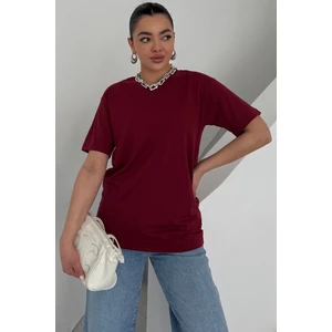 Kadın Bordo Bisiklet Yaka Düz T-Shirt