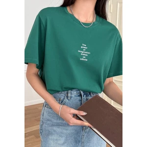 Kadın Nefti Yeşil Bisiklet Yaka The Power Baskılı Oversize T-Shirt