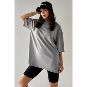 Kadın Düz Renk Gri Oversize T-Shirt