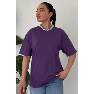Kadın Mor Bisiklet Yaka Düz T-Shirt