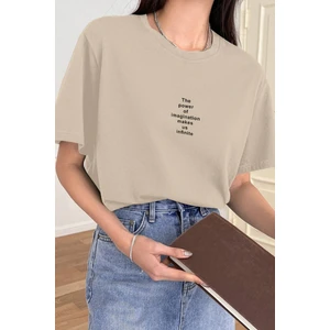 Kadın Bej Bisiklet Yaka The Power Baskılı Oversize T-Shirt