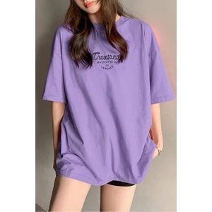 Kadın Mor Bisiklet Yaka Thousand Baskılı Oversize T-Shirt