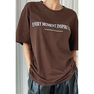 Baskılı Kahve Oversize T-Shirt Shoulder Tee