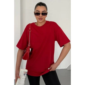 Kadın Kırmızı Bisiklet Yaka Düz T-Shirt