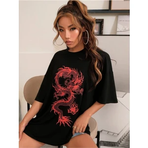 Moonlife Kadın Siyah Chinese Dragon Baskılı Oversize T-Shirt
