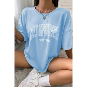 Kadın Bebe Mavisi California West Coast Baskılı Oversize T-Shirt