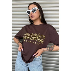 Michigan Baskılı Kahve Oversize T-Shirt