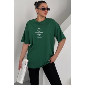 Kadın Yeşil Bisiklet Yaka The Power Yazılı Baskılı Oversize T-Shirt