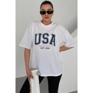 Kadın Beyaz Bisiklet Yaka Usa Baskılı Oversize T-Shirt
