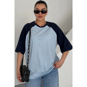 Kadın Bebe Mavi Reglan Kol Bisiklet Yaka Düz Oversize T-Shirt