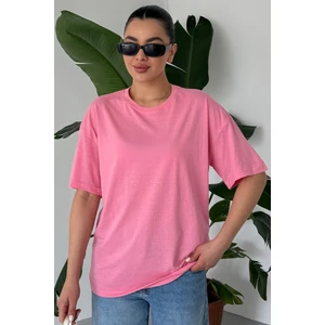 Kadın Pembe Bisiklet Yaka Düz T-Shirt