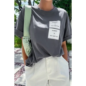 Kadın Taş Gri Summer Baskılı Oversize T-Shirt