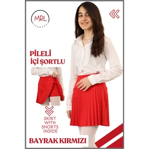 Kız Çocuk Pileli Etek Kırmızı Yüksek Bel Içi Şortlu Likra Kumaş Okul-Oyun-Spor-Etkinlik Eteği 4103